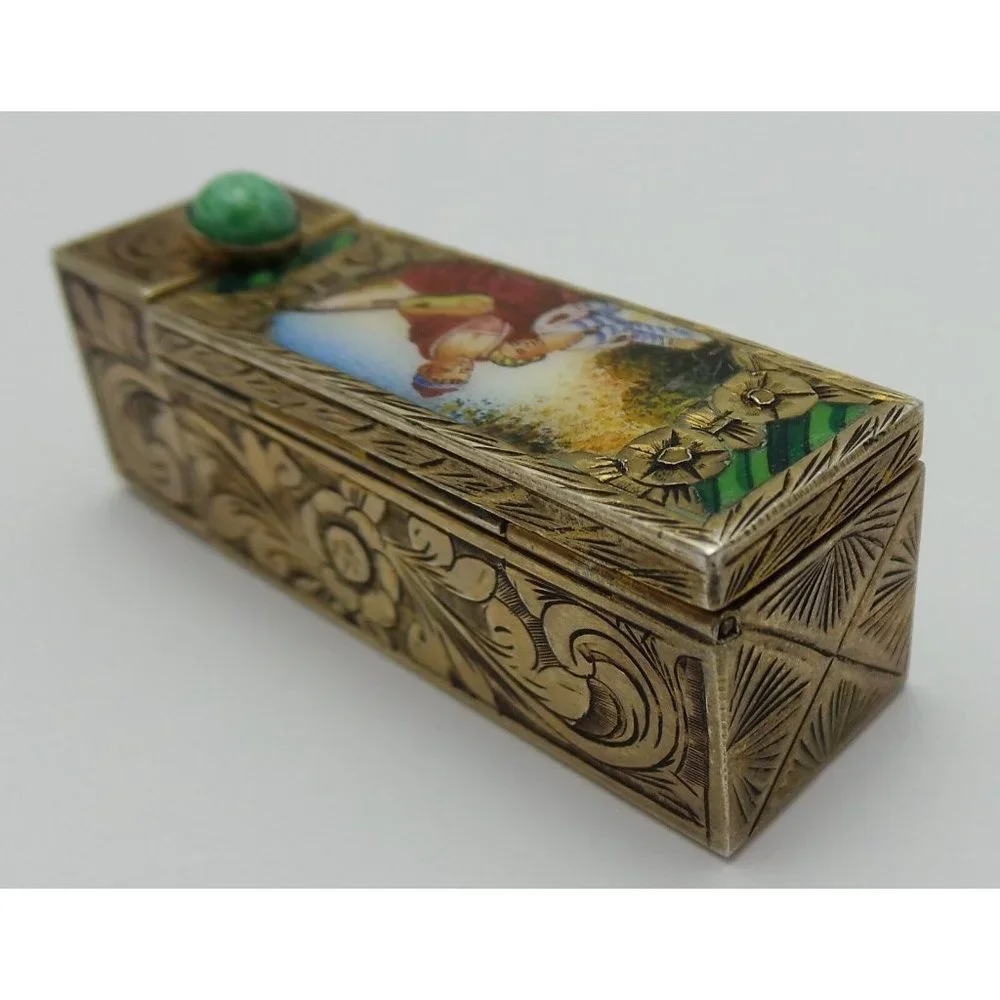 Vintage Antique 800 Sterling Silver Italian Musical Scene Enamel Mirror Lipstick